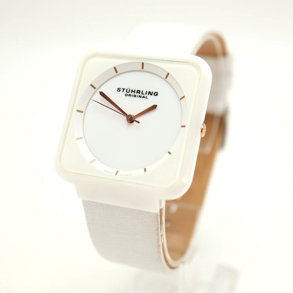 Stuhrling Carnivale White Square Ceramic 36mm Watch Swiss Leather w New Battery